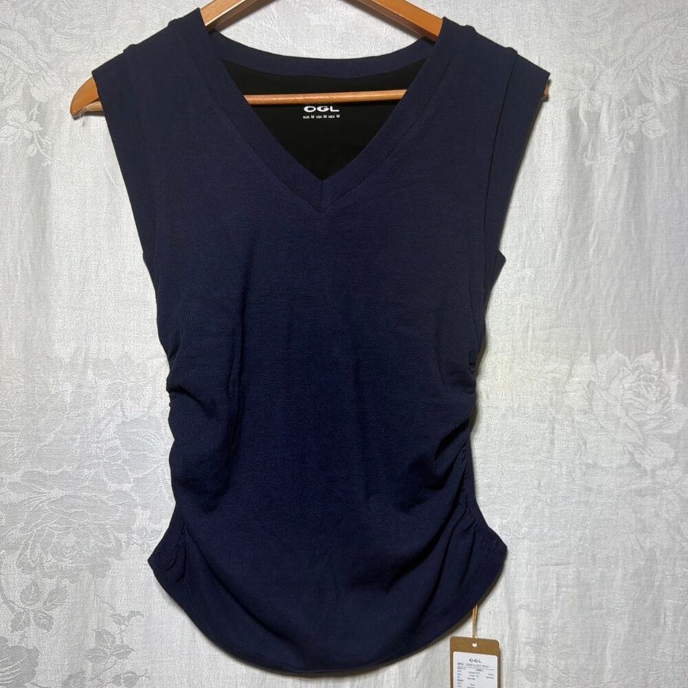 OGL Tank Top Medium Navy Blue Ruched Sides Built in Bra NEW
